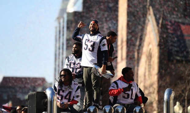 Kyle Van Noy #53 of the New England Patriots celebrates during the Super Bowl Victory Parade on Feb...
