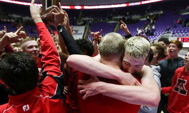 The American Fork Cavemen celebrating beaten the Pleasant Grove Vikings during the 6A Championship ...