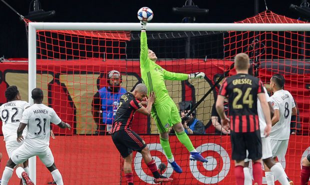 Cincinnati goalkeeper Spencer Richey (18) makes a save during the MLS match between FC Cincinnati a...