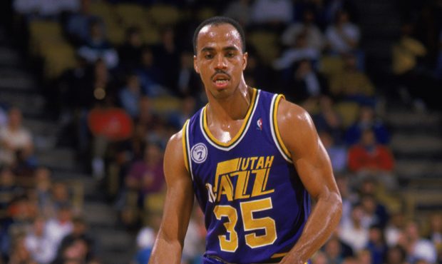 Darrell Griffith #35 of the Utah Jazz dribbles the ball during an NBA game at The Salt Palace in Sa...