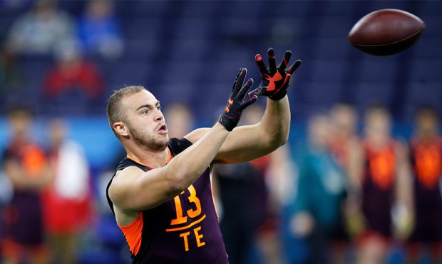 Tight end Dax Raymond of Utah State in action during day three of the NFL Combine at Lucas Oil Stad...