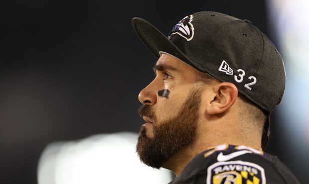 Free Safety Eric Weddle #32 of the Baltimore Ravens looks on from the sidelines during the second q...