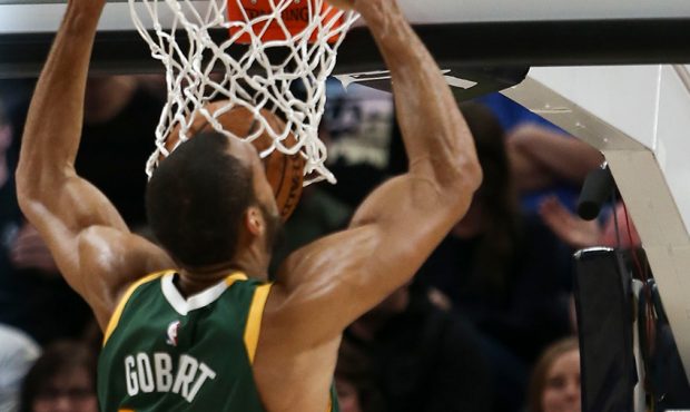 Utah Jazz center Rudy Gobert (27) dunks the ball against the Brooklyn Nets at Vivint Smart Home Are...