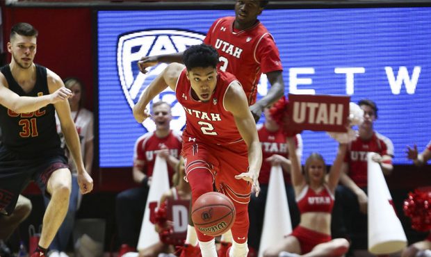 Utah Utes guard Sedrick Barefield (2) steals the ball from the USC Trojans at the Huntsman Center i...
