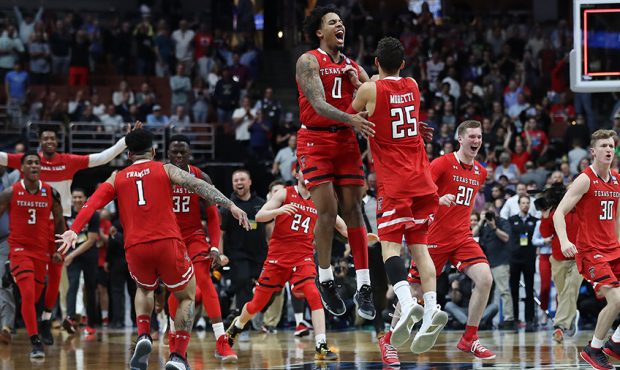 The Texas Tech Red Raiders celebrate their victory against the Gonzaga Bulldogs during the 2019 NCA...