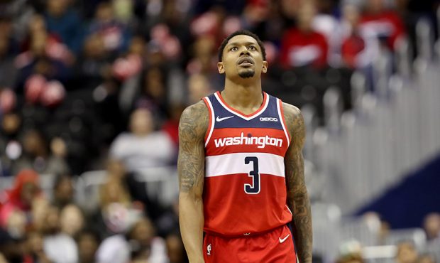 Bradley Beal #3 of the Washington Wizards looks on in the second half against the Washington Wizard...