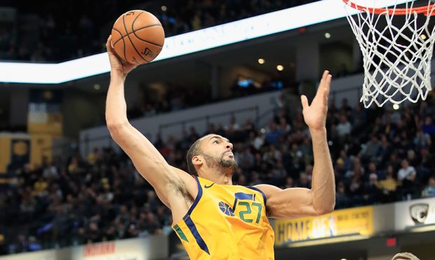 Rudy Gobert #27 of the Utah Jazz shoots the ball against the Indiana Pacers at Bankers Life Fieldho...