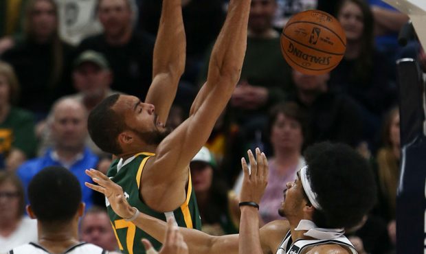 Utah Jazz center Rudy Gobert (27) dunks the ball against the Brooklyn Nets at Vivint Smart Home Are...