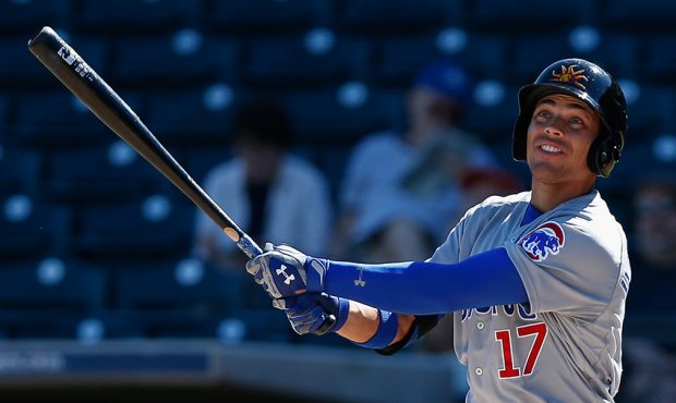 Jacob Hannemann #17 (Chicago Cubs) of the Mesa Solar Sox bats against the Surprise Saguaros during ...