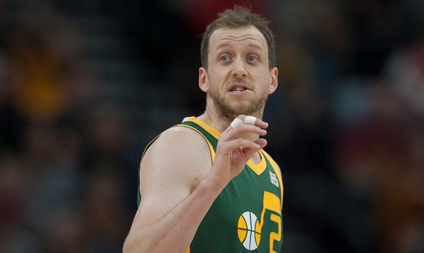Joe Ingles #2 of the Utah Jazz gestures toward his bench during their game against the Portland Tra...
