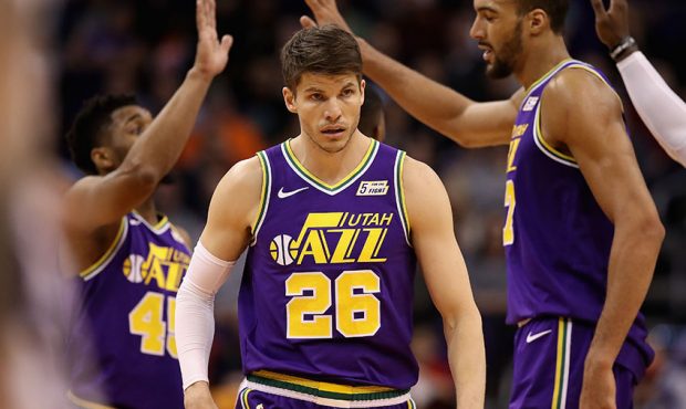 Kyle Korver #26 of the Utah Jazz reacts after scoring against the Phoenix Suns during the second ha...