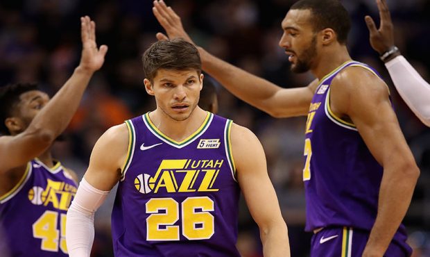 Kyle Korver #26 of the Utah Jazz reacts after scoring against the Phoenix Suns during the second ha...