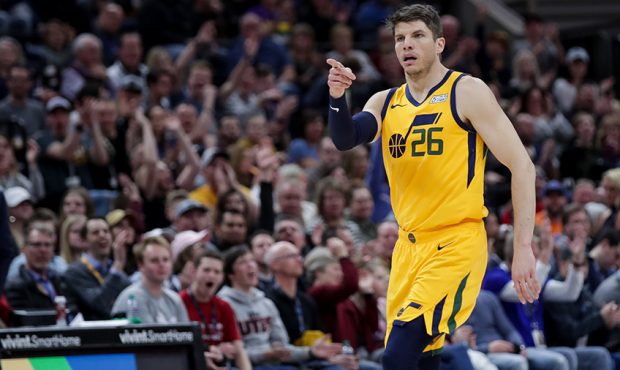 Utah Jazz guard Kyle Korver (26) celebrates after hitting a three-pointer during the game against t...