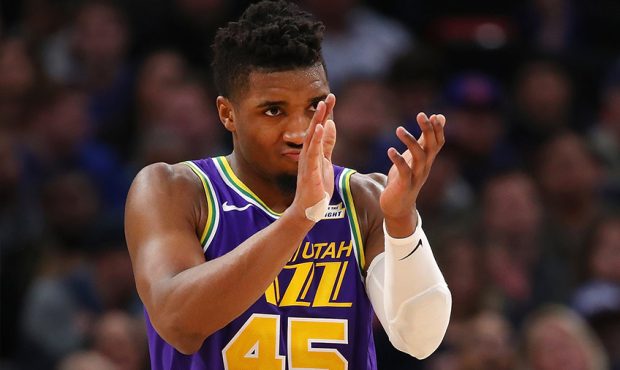 Donovan Mitchell #45 of the Utah Jazz reacts late in the game while playing the Detroit Pistons at ...