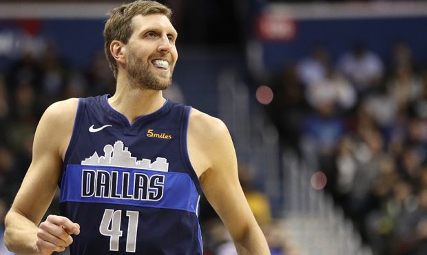 Dirk Nowitzki #41 of the Dallas Mavericks looks on against the Washington Wizards during the first ...