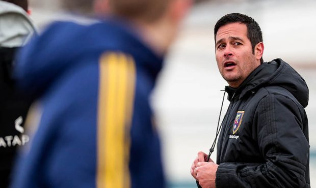 Head coach Mike Petke directs players during a Real Salt Lake practice at America First Field in Sa...