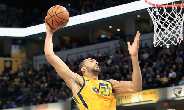 Rudy Gobert #27 of the Utah Jazz shoots the ball against the Indiana Pacers at Bankers Life Fieldho...