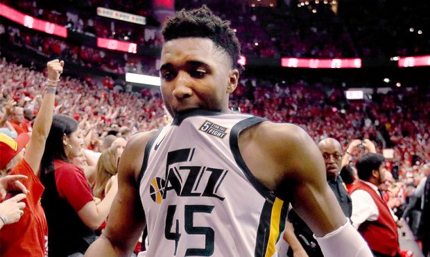 Utah Jazz guard Donovan Mitchell (45) leaves the court after losing to Houston 93-100 after Game 5 ...