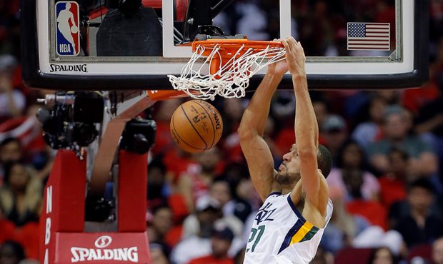 Rudy Gobert #27 of the Utah Jazz dunks on Clint Capela #15 of the Houston Rockets during the fourth...