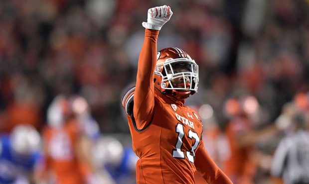 Marquise Blair #13 of the Utah Utes gestures to the crowd in the second half of Utah's 35-27 win ov...