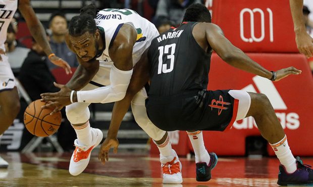 Jae Crowder #99 of the Utah Jazz steals the ball from James Harden #13 of the Houston Rockets in th...