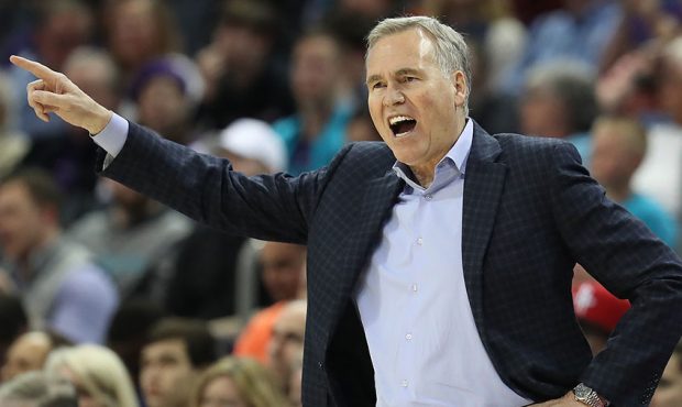 Head coach Mike D'Antoni of the Houston Rockets reacts during their game against the Charlotte Horn...