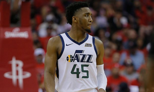 Donovan Mitchell #45 of the Utah Jazz walks up the court against the Houston Rockets during Game On...