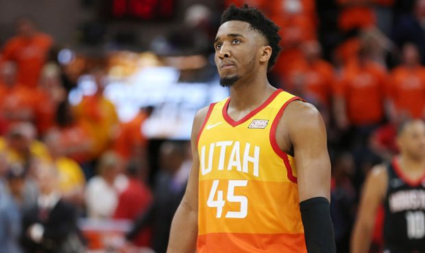 Utah Jazz guard Donovan Mitchell (45) reacts after missing his last attempt at the end of the game ...