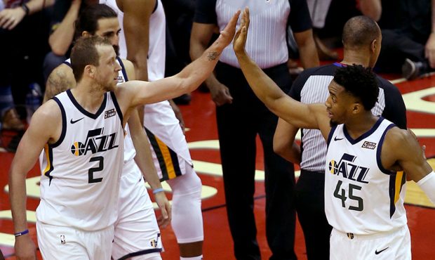 Utah Jazz forward Joe Ingles (2) and Utah Jazz guard Donovan Mitchell (45) high five during Game 5 ...