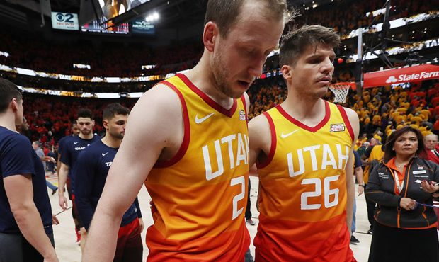 Utah Jazz forward Joe Ingles (2) and Utah Jazz guard Kyle Korver (26) walk off the court during NBA...
