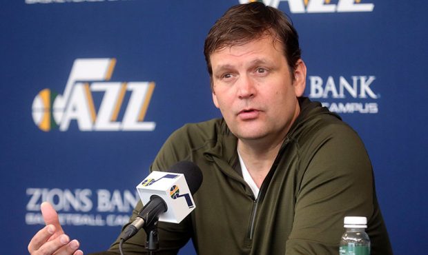 Dennis Lindsey, Utah Jazz general manager, talks to members of the media at the Zions Bank Basketba...