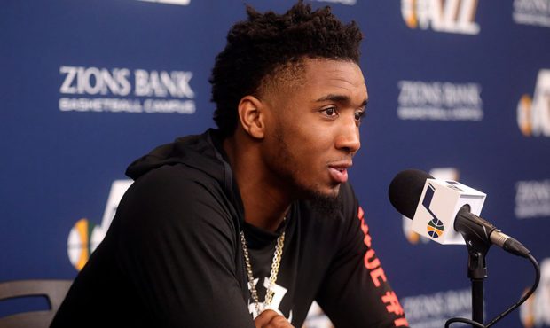 Utah Jazz guard Donovan Mitchell talks to members of the media at the Zions Bank Basketball Center ...