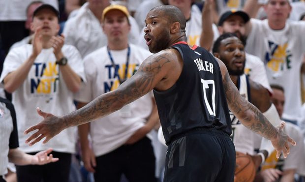 PJ Tucker #17 of the Houston Rockets reacts to a possession call in the first half of Game Four dur...