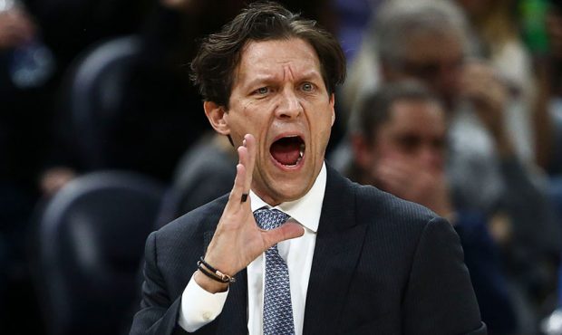 Utah Jazz head coach Quin Snyder shouts instructions to his team during the first half of the game ...
