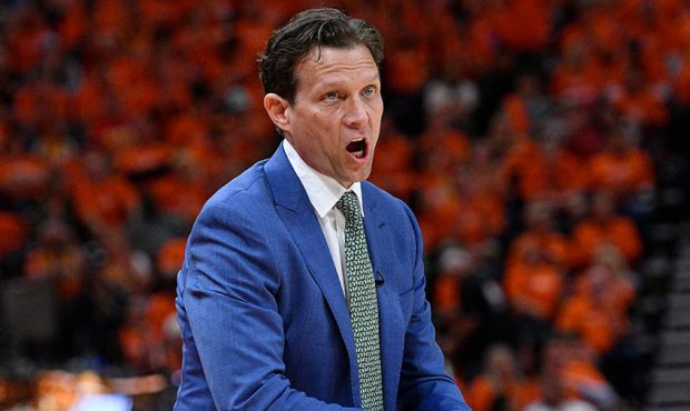 Head coach Quin Snyder of the Utah Jazz complains to an official in the first half of Game Three du...