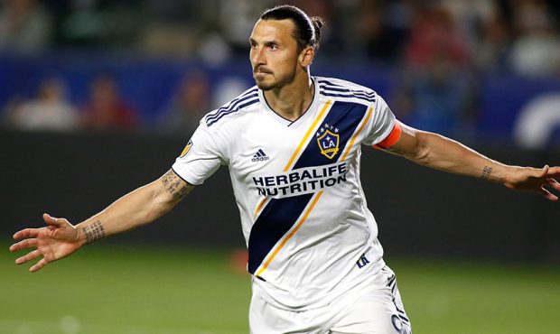 Zlatan Ibrahimovic #9 of Los Angeles Galaxy celebrates his second goal against the Portland Timbers...