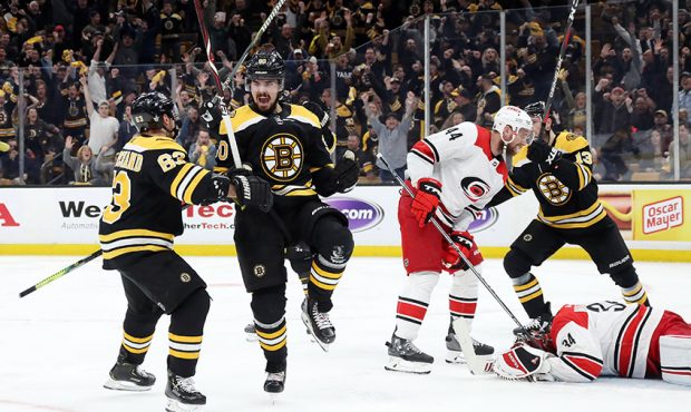 Marcus Johansson #90 of the Boston Bruins celebrates after scoring a third period goal against the ...