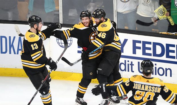 Matt Grzelcyk #48 of the Boston Bruins celebrates with teammates after scoring a second period goal...