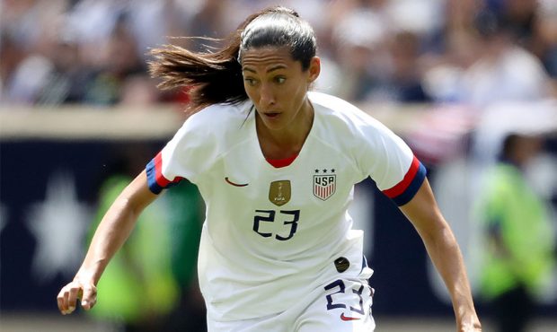 Christen Press #23 of the United States takes the ball in the second half against Mexico at Red Bul...