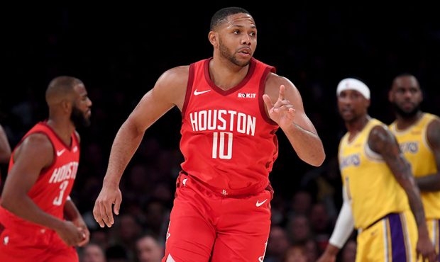 Eric Gordon #10 of the Houston Rockets reacts to his three pointer during a 111-106 loss to the Los...