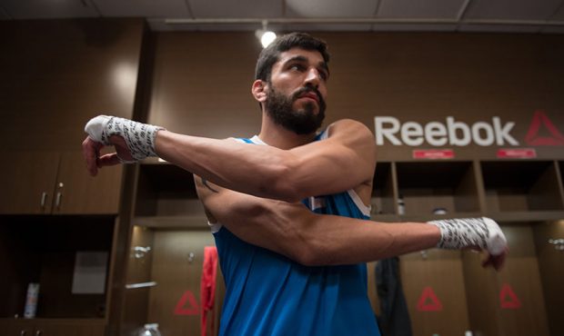 Ramsey Nijem warms up before facing James Krause during the filming of The Ultimate Fighter: Redemp...