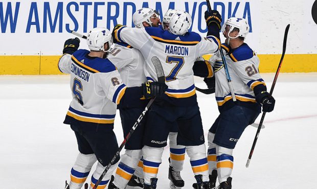 Robert Bortuzzo #41 of the St. Louis Blues celebrates his goal against the San Jose Sharks in Game ...