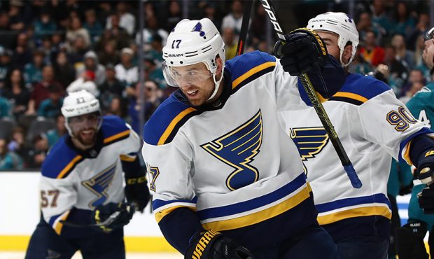 Jaden Schwartz #17 of the St. Louis Blues celebrates his second goal against the San Jose Sharks in...