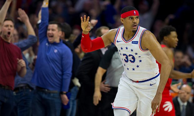 Tobias Harris #33 of the Philadelphia 76ers reacts after making a three point basket against the To...