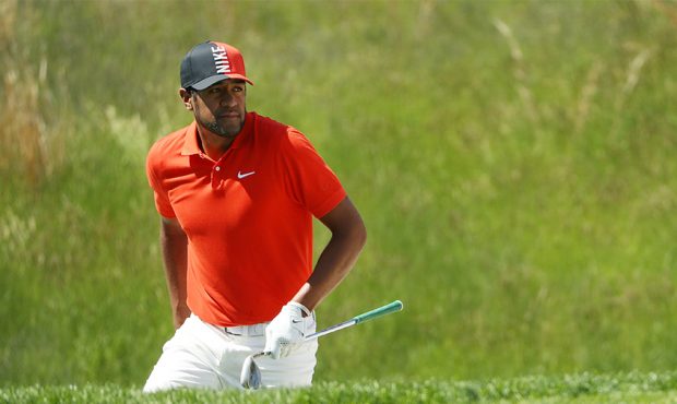 Tony Finau of the United States prepares to play a shot on the fourth hole during the second round ...