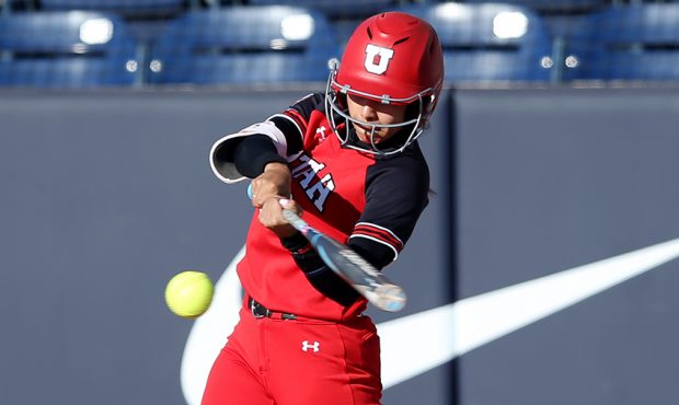 Utah's Alyssa Barrera swings on a pitch as BYU and Utah play a softball game at BYU in Provo on Wed...