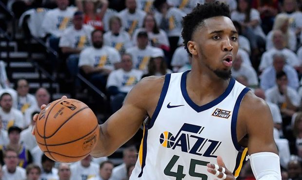 Donovan Mitchell #45 of the Utah Jazz drives to the basket against the Houston Rockets in the first...