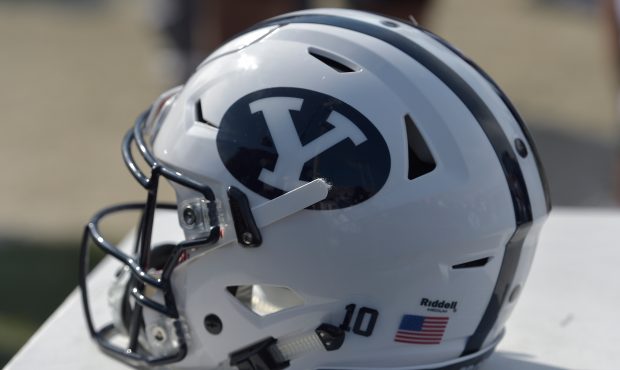 PROVO, UT - SEPTEMBER 16: A singular view of a BYU Cougars football helmet during the game between ...