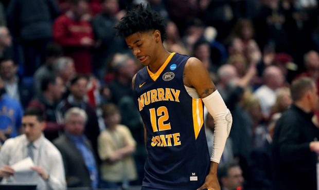 Ja Morant #12 of the Murray State Racers reacts late in the game of his teams loss to the Florida S...
