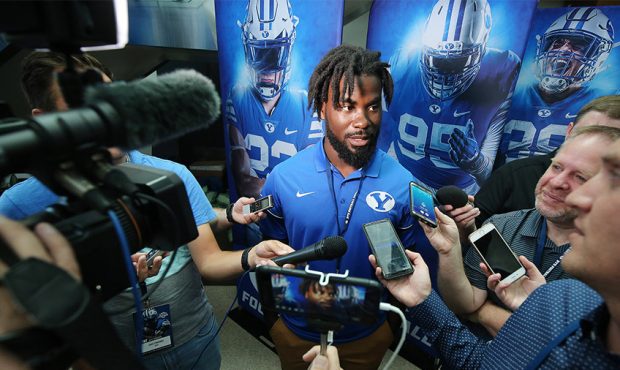 Ty'Son Williams speaks about transferring to BYU during football media day in Provo on Tuesday, Jun...